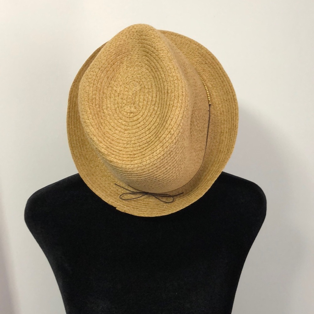 Hat with gold bead embellishment and thin bow